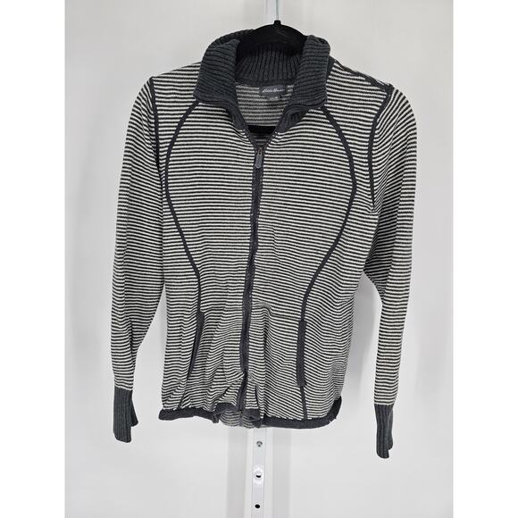 Eddie Bauer Womens Full Zip Sweater Striped Knit Top Black White Size M - Picture 1 of 5
